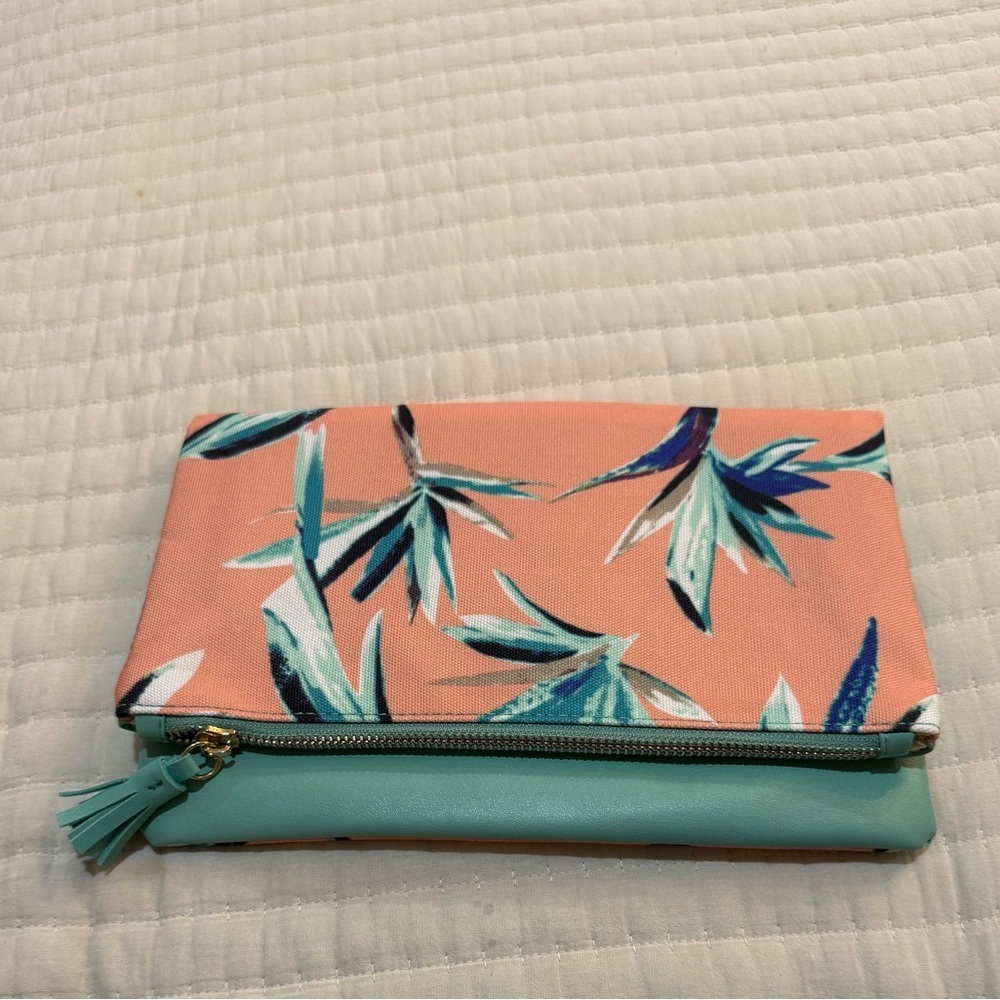 Rachel Pally Pink and Green Tropical Clutch with Botanical Design